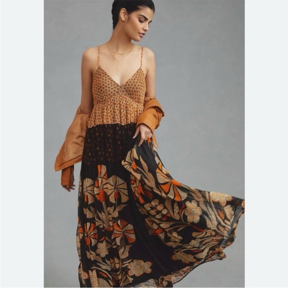 Anthropologie Tan and Orange Patterned Dress